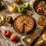 recette avec des pommes, variétés et gâteau sur table