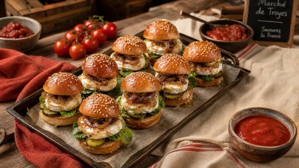 Recette mini burger apéro : mini burgers maison dorés, pains briochés et garnitures
