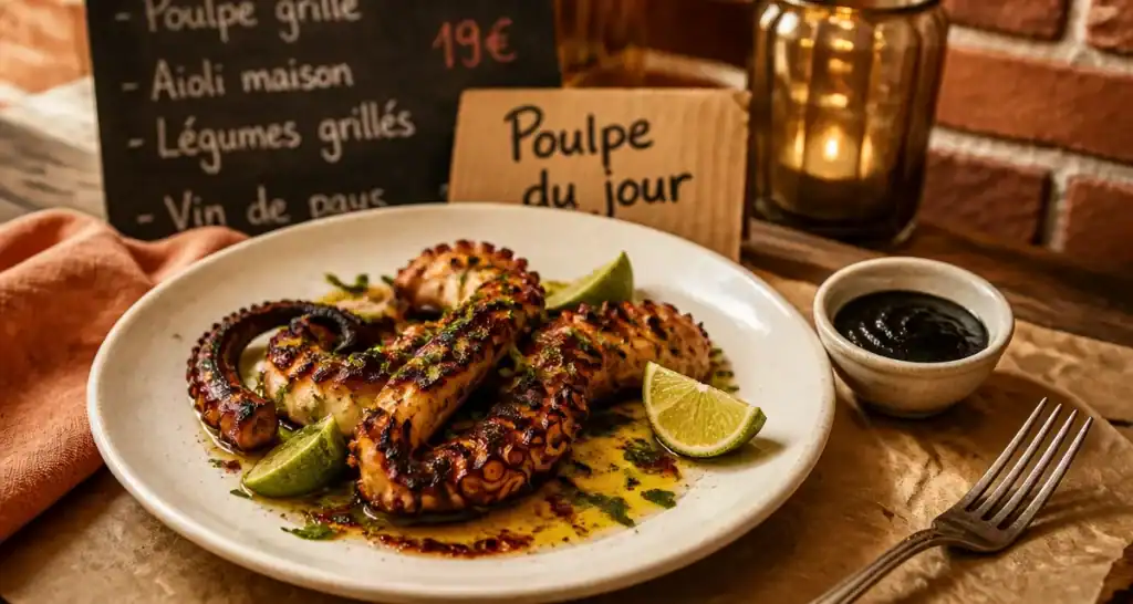 Restaurant bistrot o prado à Marseille : poulpe grillé sur table de bistrot