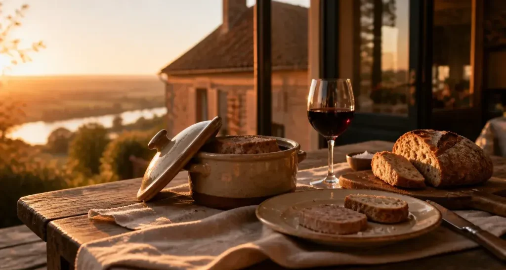 Restaurant villa belle rive : table de terroir avec vue sur la Loire au golden hour