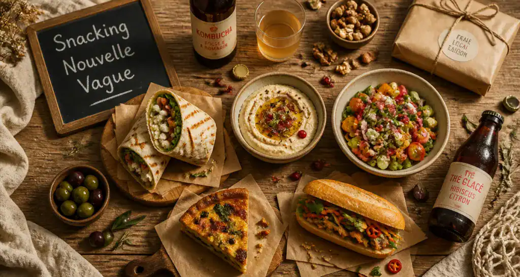 Table snacking moderne avec wrap, houmous, quiche, salade et banh mi
