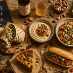 Table snacking moderne avec wrap, houmous, quiche, salade et banh mi