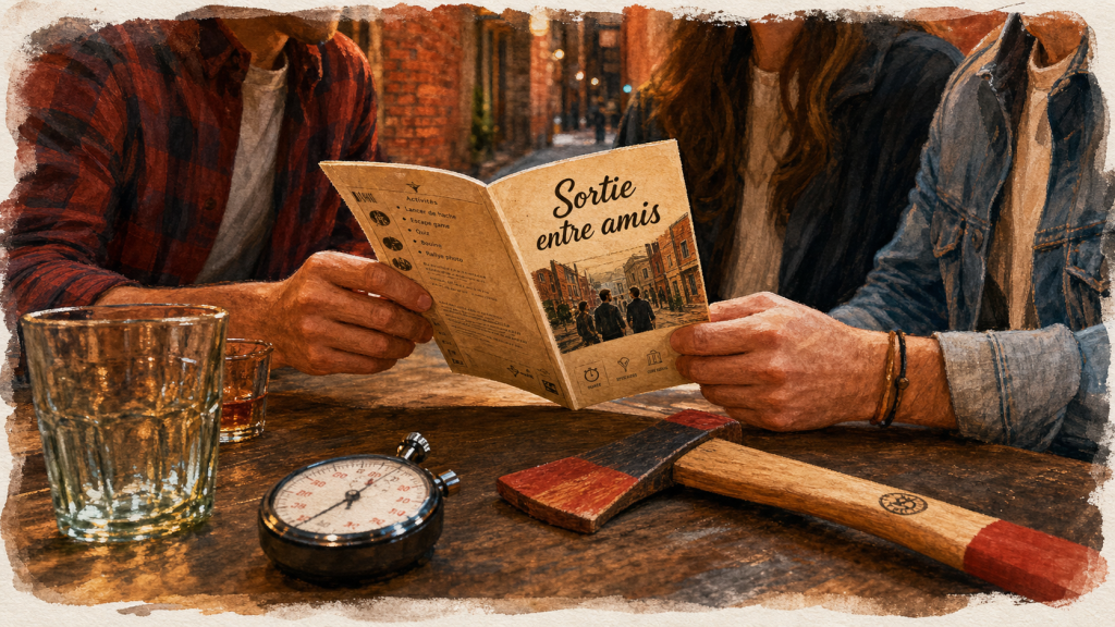 Sortie entre amis originale : amis comparent un mini-guide et préparent une sortie