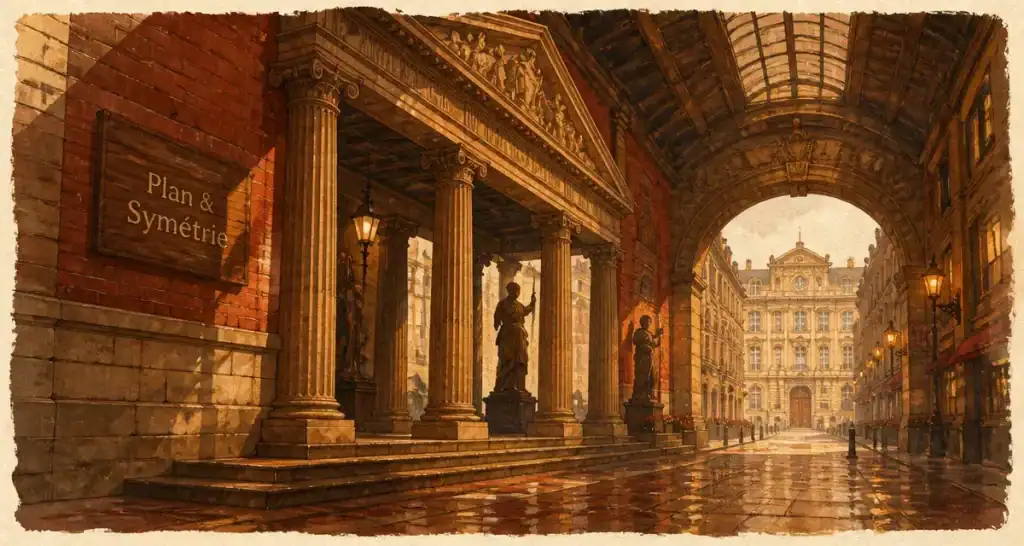Style beaux arts : gare monumentale, perspective et colonnes