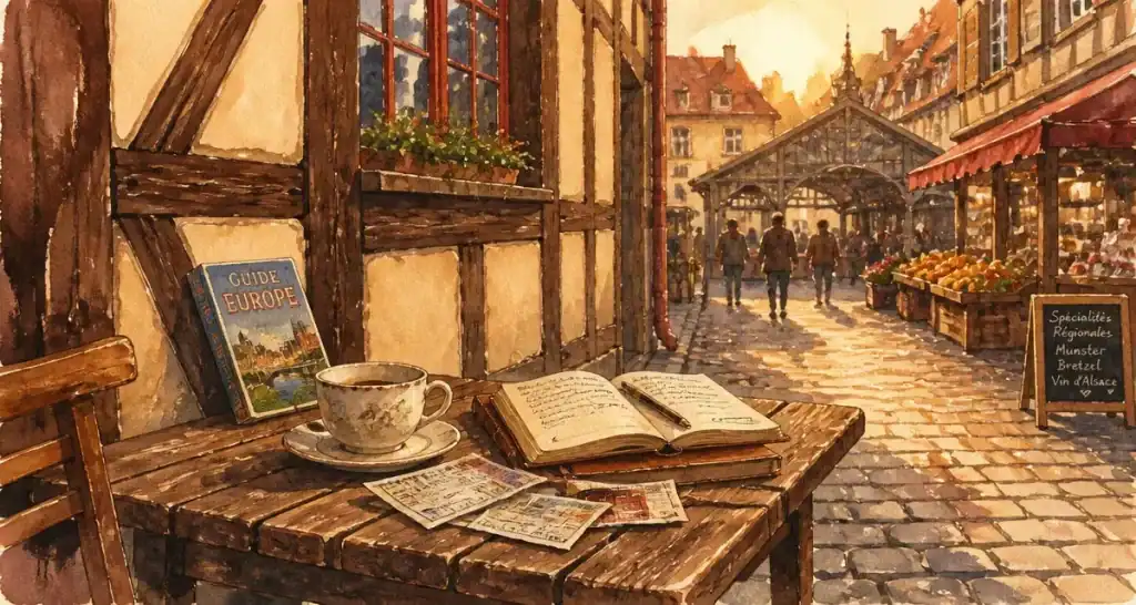 Ville Europe : table de city-trip dans une ruelle pavée