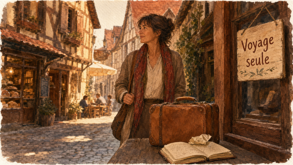 Voyager seule femme 50 ans : ruelle avec valise et carnet