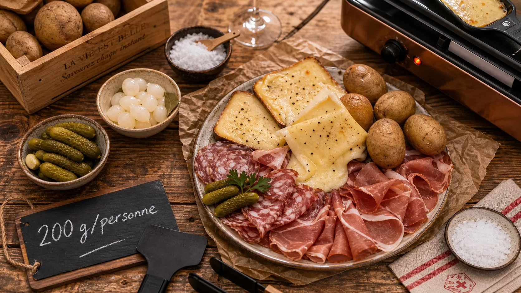 200 g fromage a raclette par personne, plateau raclette avec pommes de terre et charcuterie