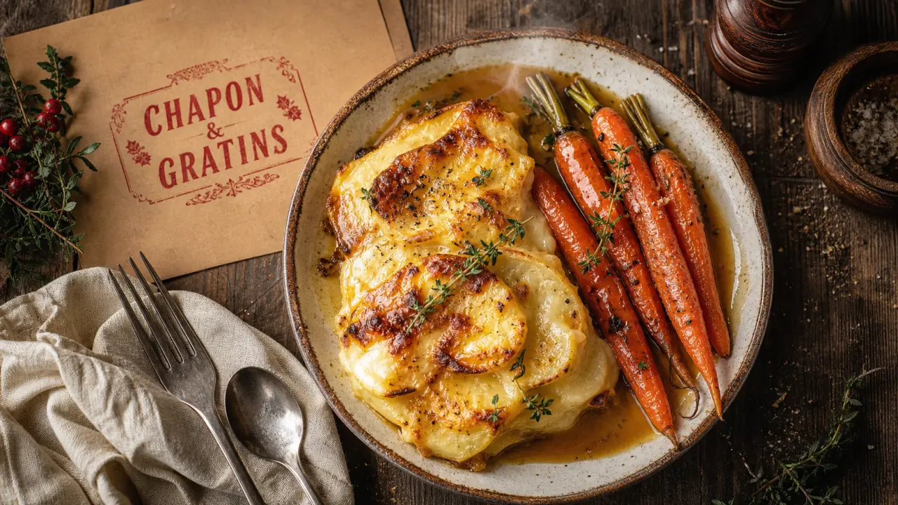 Accompagnement pour chapon farci : pommes de terre et légumes d’hiver, gratin et carottes rôties