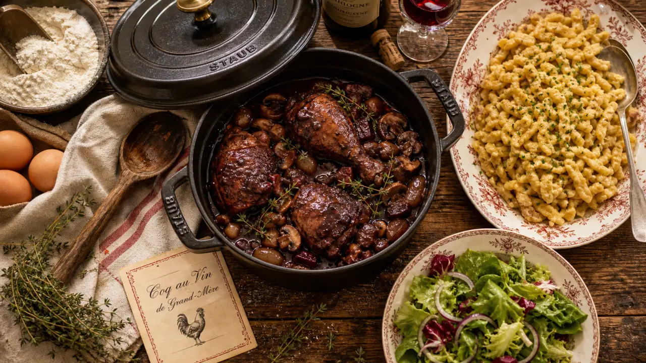 Accompagnement coq au vin : spätzle maison et légumes rôtis
