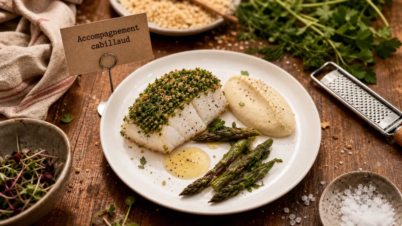 Accompagnement pour cabillaud : cabillaud avec herbes, purée, asperges et beurre blanc