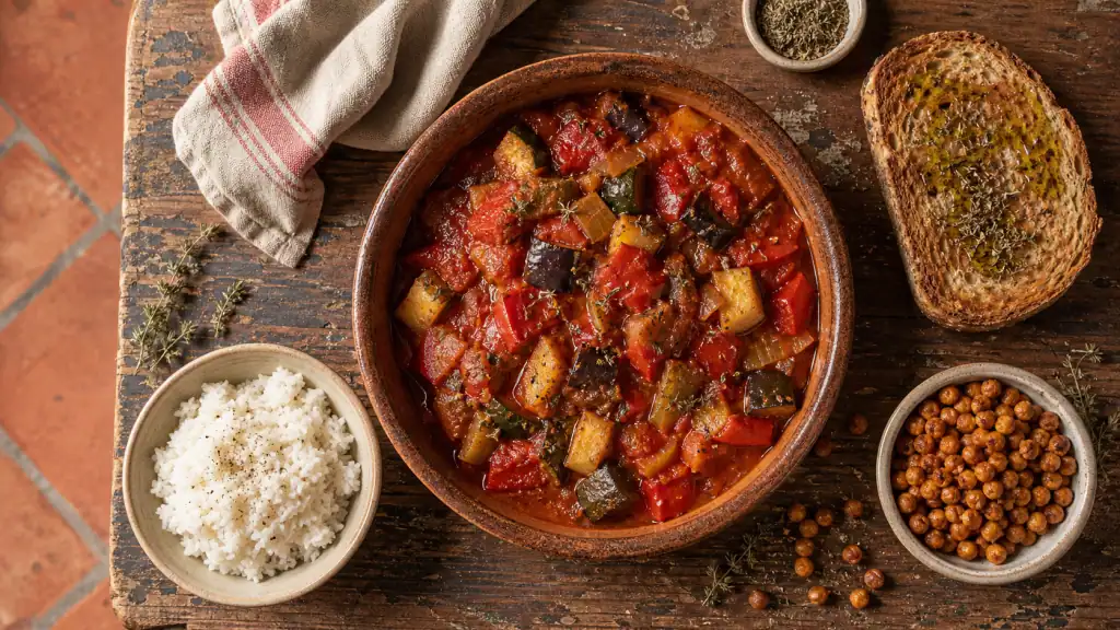 Accompagnement ratatouille avec riz et pois chiches rôtis