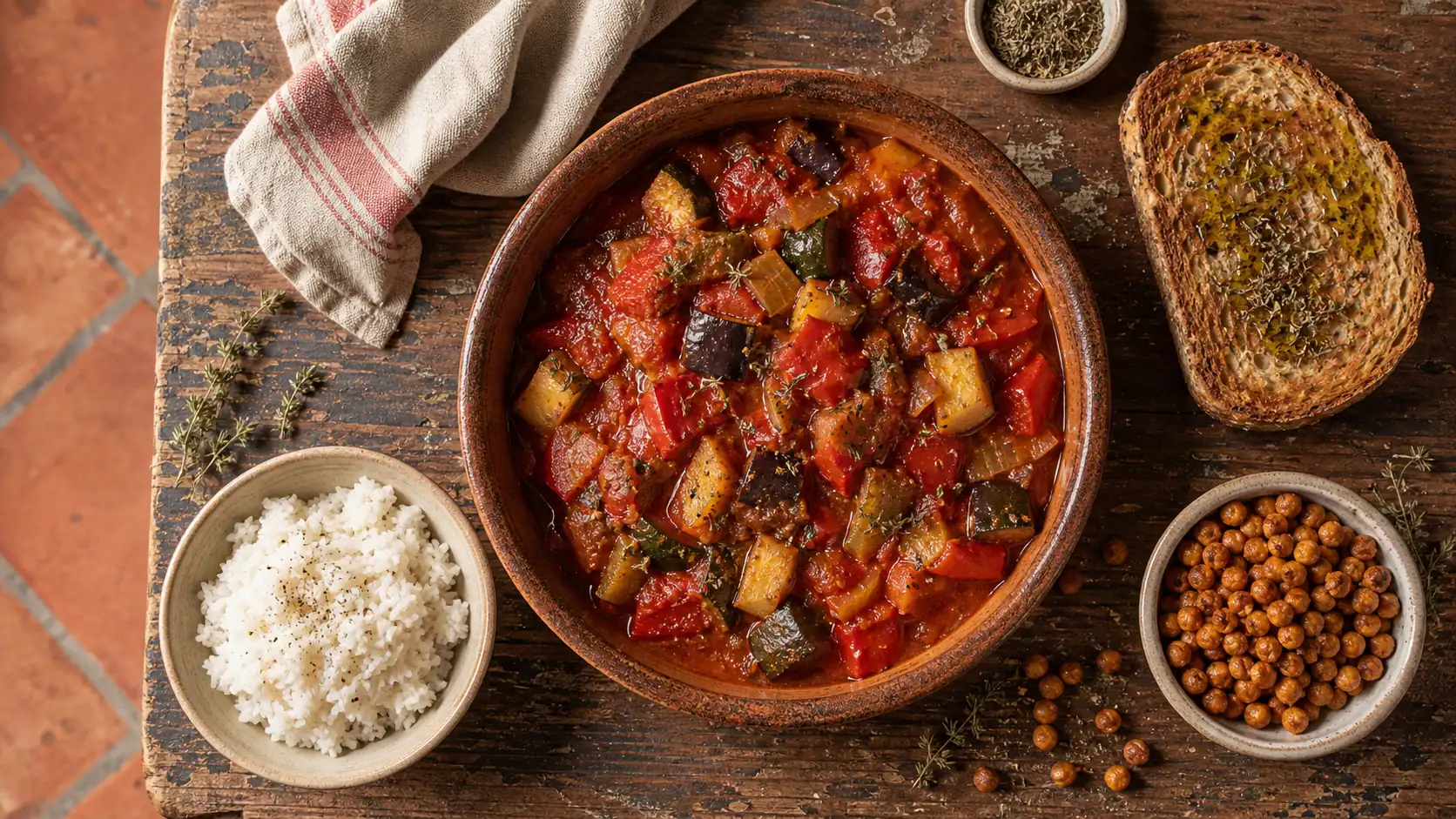 Accompagnement ratatouille avec riz et pois chiches rôtis