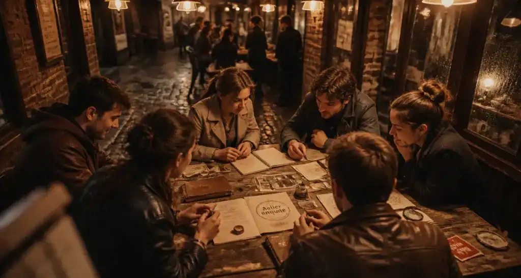 Activité de groupe originale : atelier enquête, participants autour d’une table d’indices
