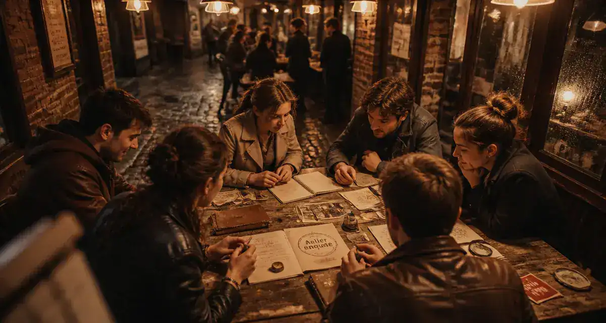 Activité de groupe originale : atelier enquête, participants autour d’une table d’indices