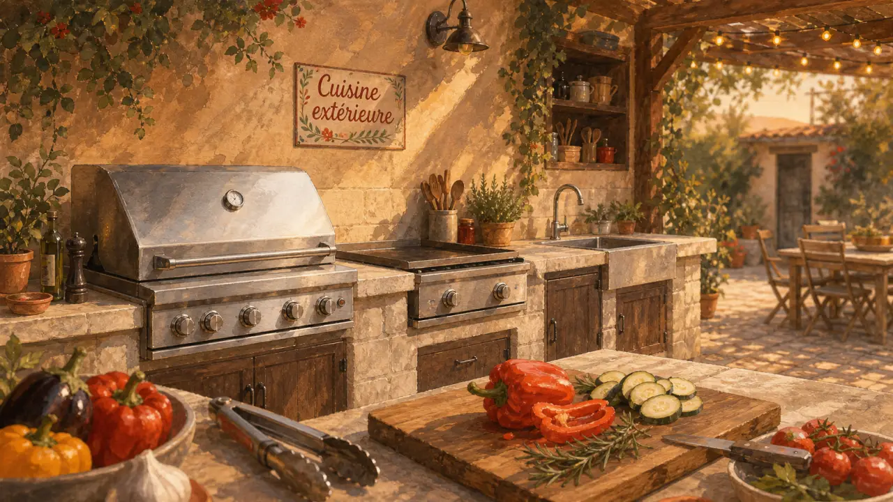 Barbecue cuisine extérieure sous pergola, inox et plancha