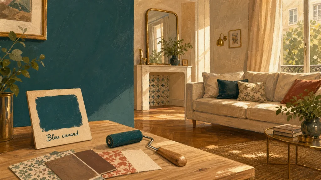 Mur bleu canard fonce mat, salon français, peinture et nuancier.