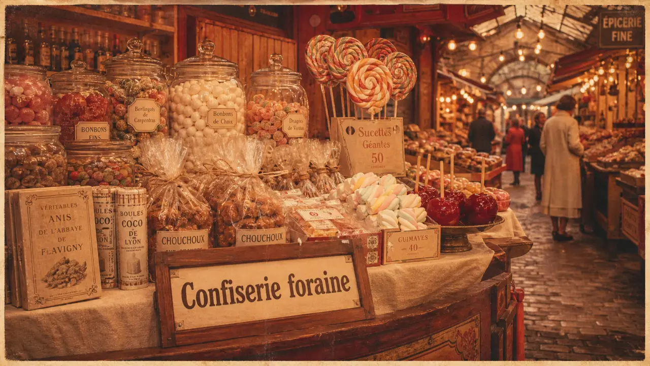 Confiserie forain : stand forain avec cartons, vrac et parfums