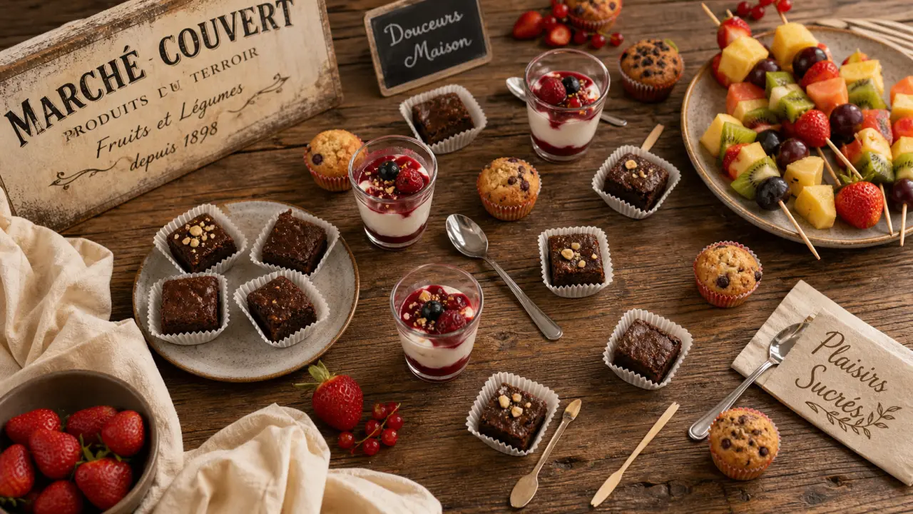 Dessert apéro dinatoire : mini-carrés brownies et verrines sur table