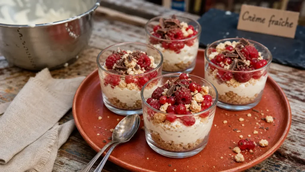 Dessert crème fraîche rapide en verrines, crème vanillée et fruits rouges