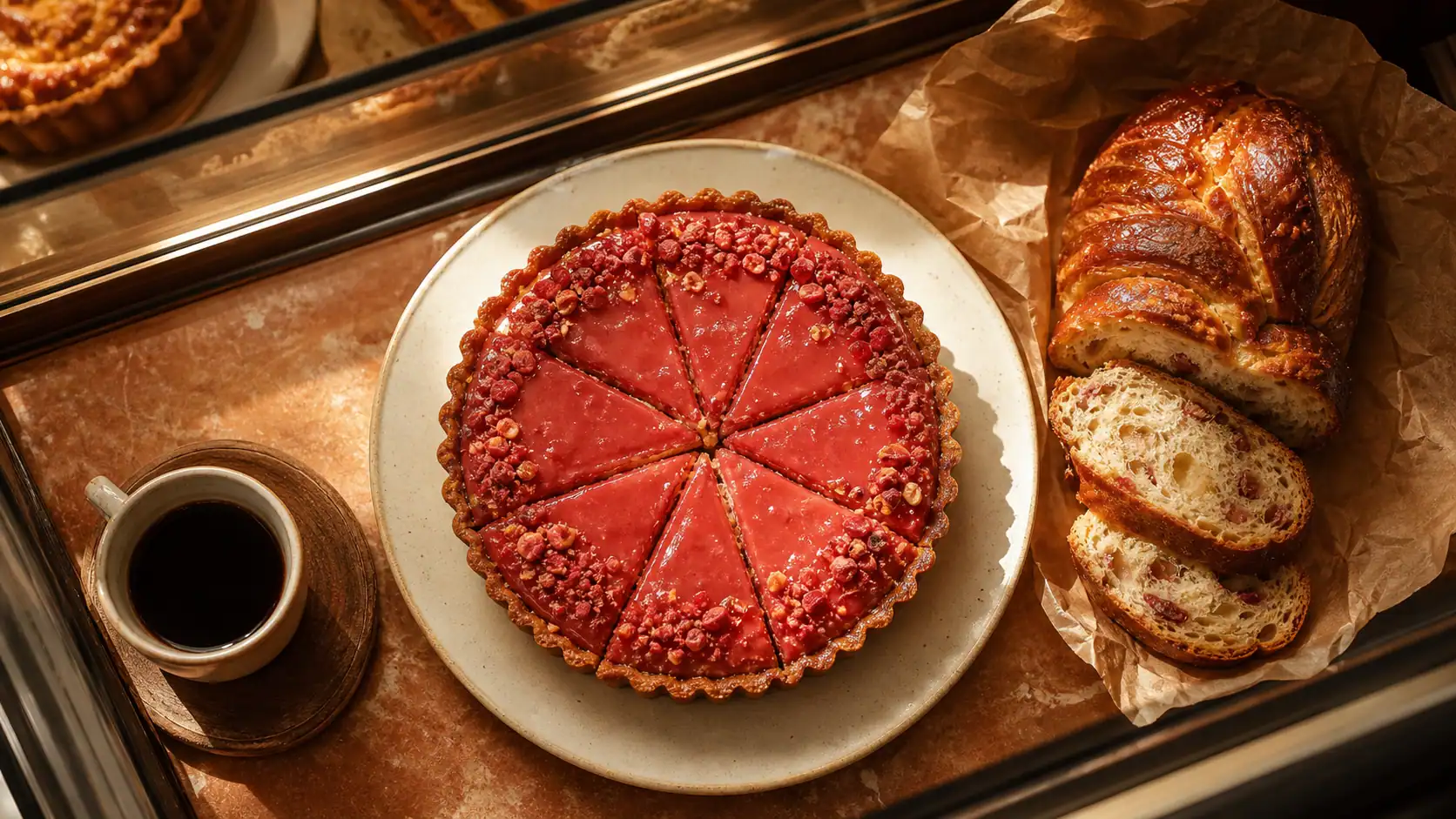 Dessert lyon : tarte à la praline rose, brioches et café