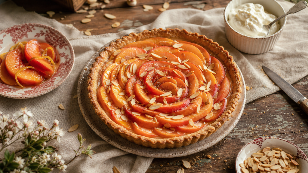 Desserts pêches : tarte moelleuse aux pêches et amande