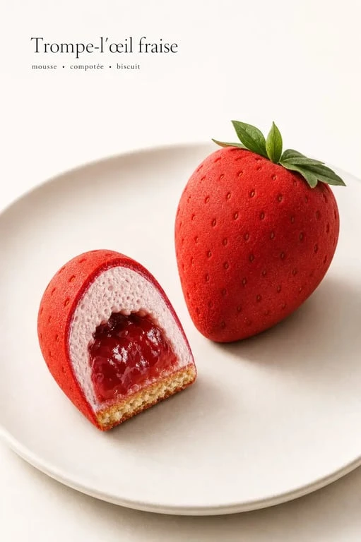 Trompe l oeil fraise en dessert réaliste sur assiette, avec cœur mousse et compotée visibles