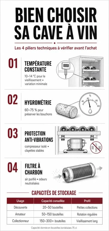 Infographie récapitulative pour choisir sa cave à vin : critères techniques et capacité de stockage.