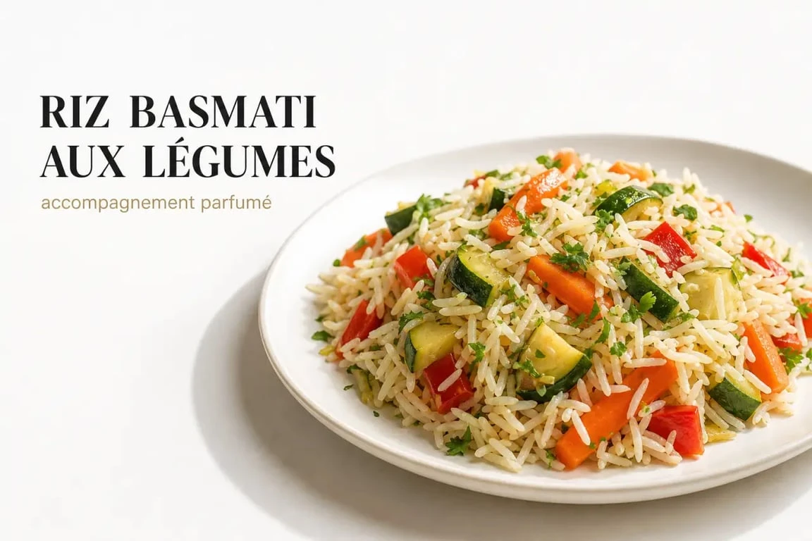 Riz en accompagnement recettes : riz basmati parfumé aux légumes servi dans une assiette blanche
