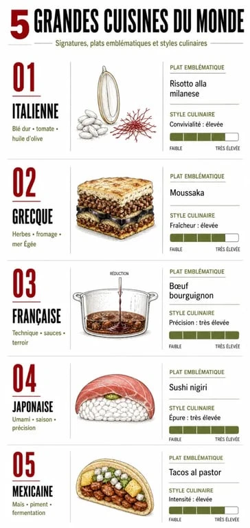 Infographie sur les les 5 grandes cuisines du monde avec comparaison de leurs plats emblématiques et signatures culinaires