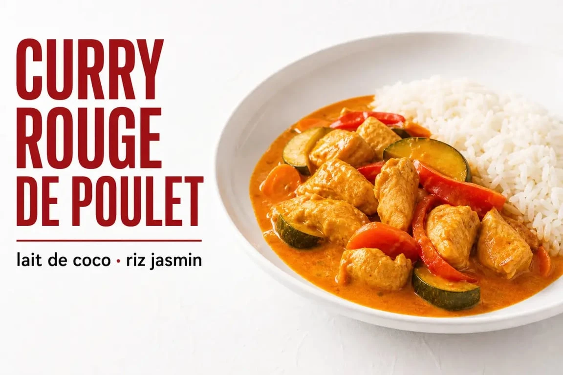 Recette avec pate de curry : curry rouge de poulet au lait de coco servi avec du riz