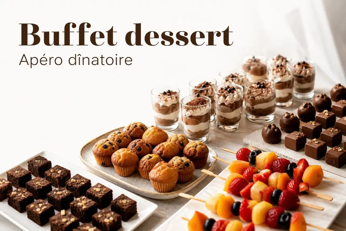 Dessert apéro dînatoire avec mini-brownies, mini-muffins, brochettes de fruits et verrines gourmandes
