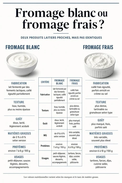 Infographie comparative sur fromage blanc ou fromage frais, avec différences de fabrication, texture et usages