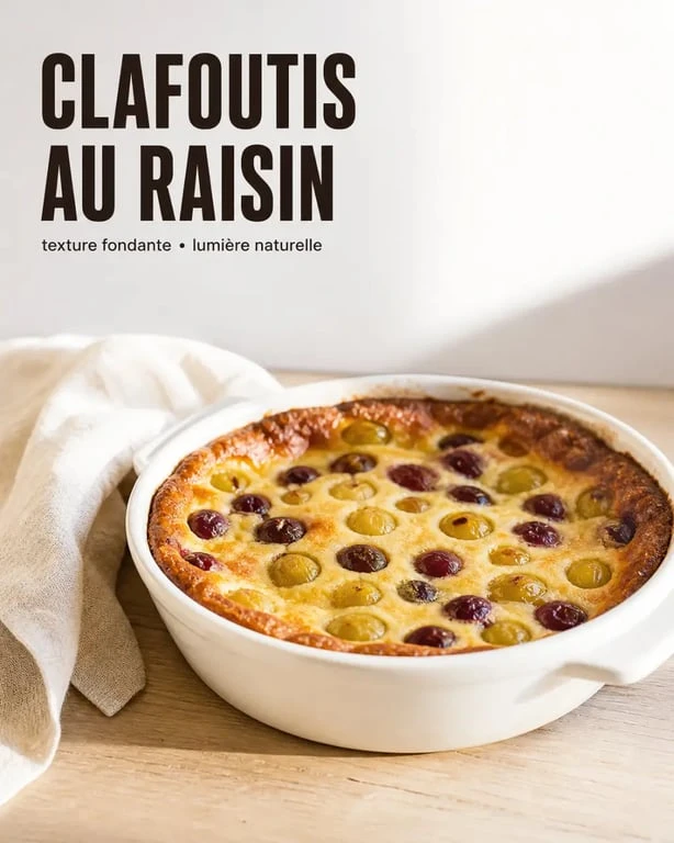 Recette au raisin de clafoutis fondant servi dans un plat en céramique
