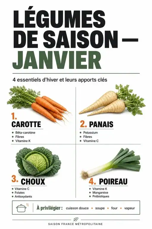Infographie des légumes de saison en janvier et leurs bienfaits nutritionnels
