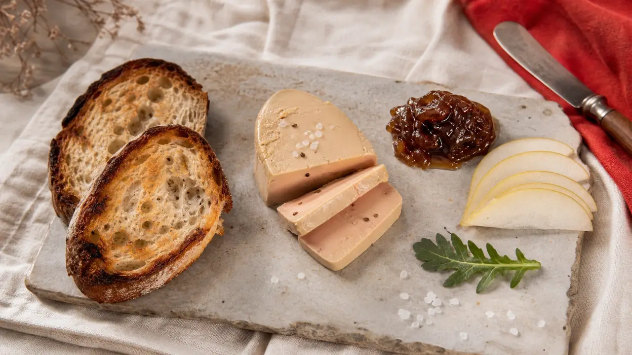 Foie gras avec quoi servir : pain toasté, poire, confit d’oignon, roquette