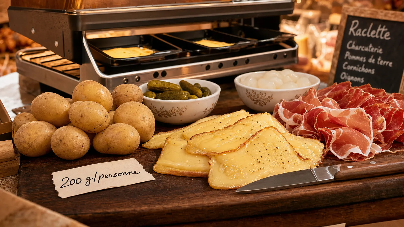 Fromage a raclette par personne : mémo 200 g, raclette et pommes de terre