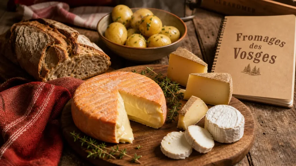 Fromages des Vosges : Munster, Bargkass et chèvre du Thillot sur une planche