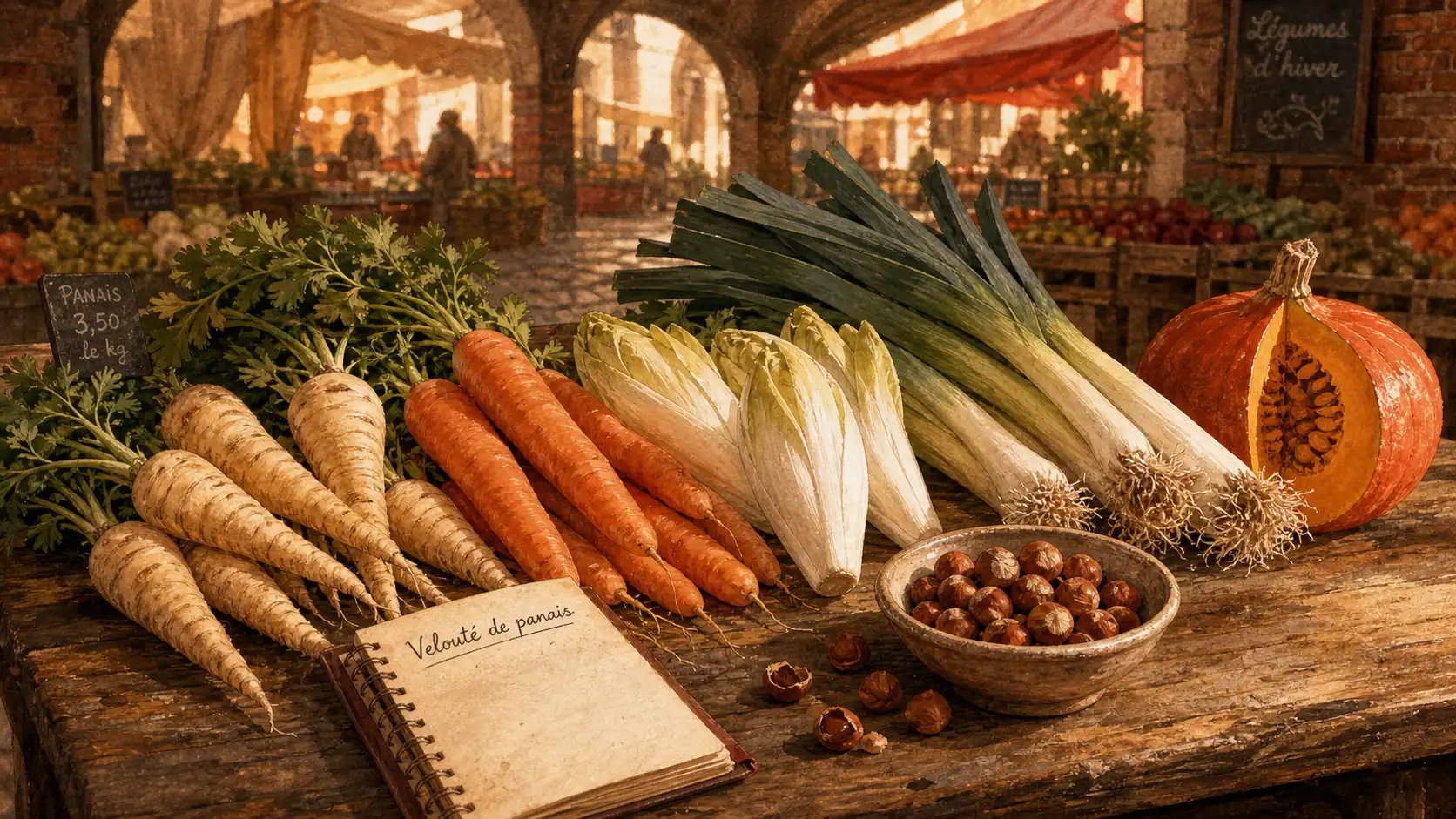 Légumes de saison janvier au marché : carottes, poireaux, panais