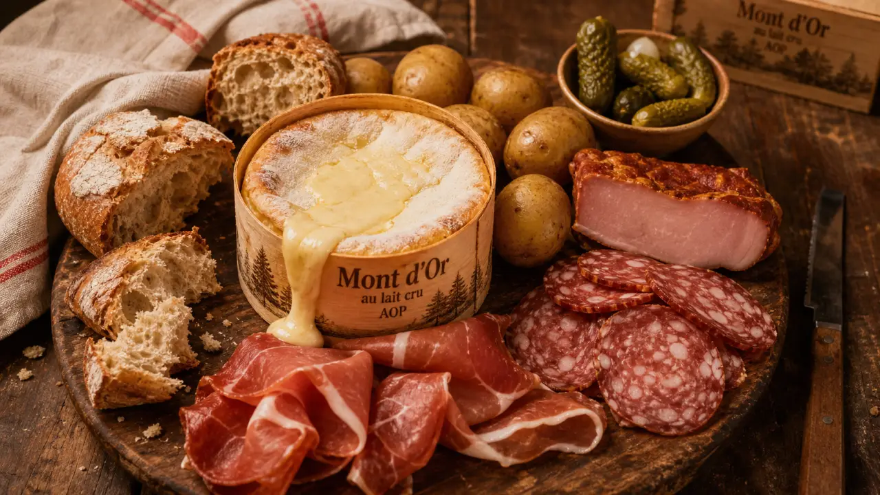 Mont d Or charcuterie : plateau Mont d’Or au four avec jambon cru et saucisse sèche
