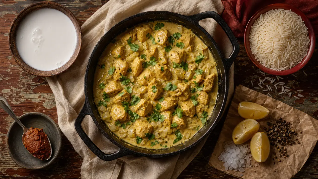 Plat a base de poulet curry au lait de coco, riz et citron confit