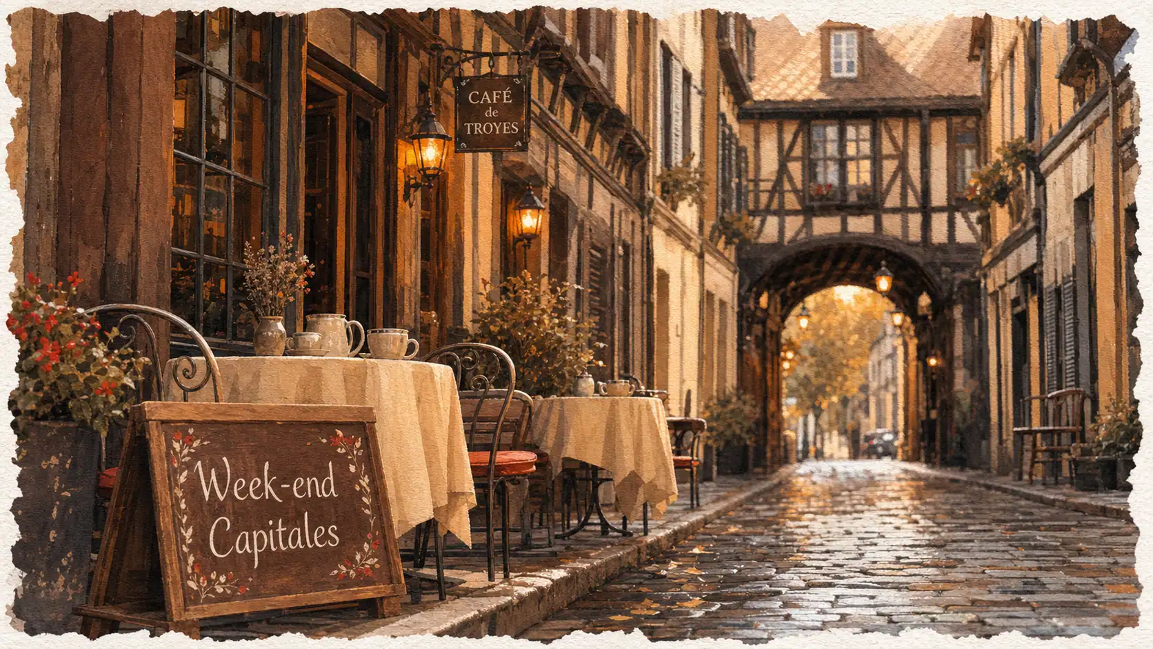 Ruelle pavée des plus belles capitales d europe, café et tasses