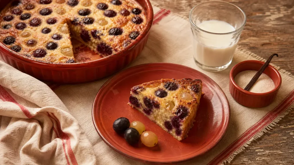 Recette au raisin : clafoutis fondant aux raisins frais, part tiède