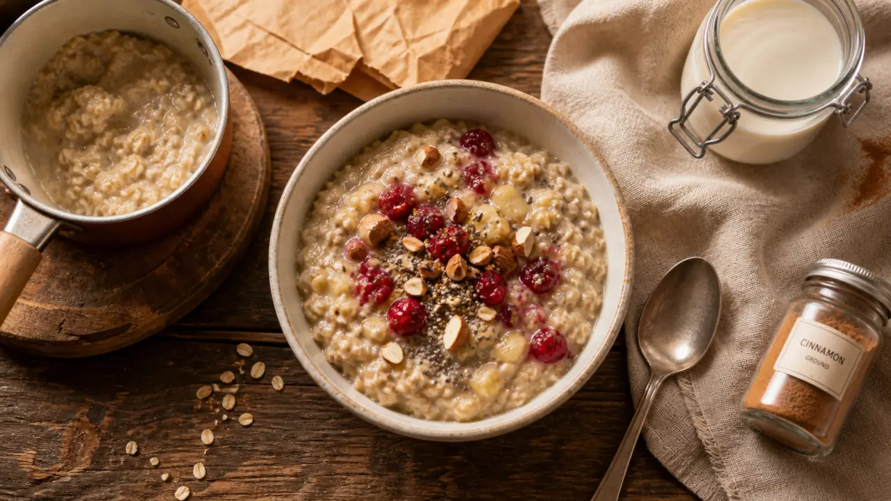 Recette de porridge crémeux en 5 minutes, bol d’avoine, banane et fruits rouges