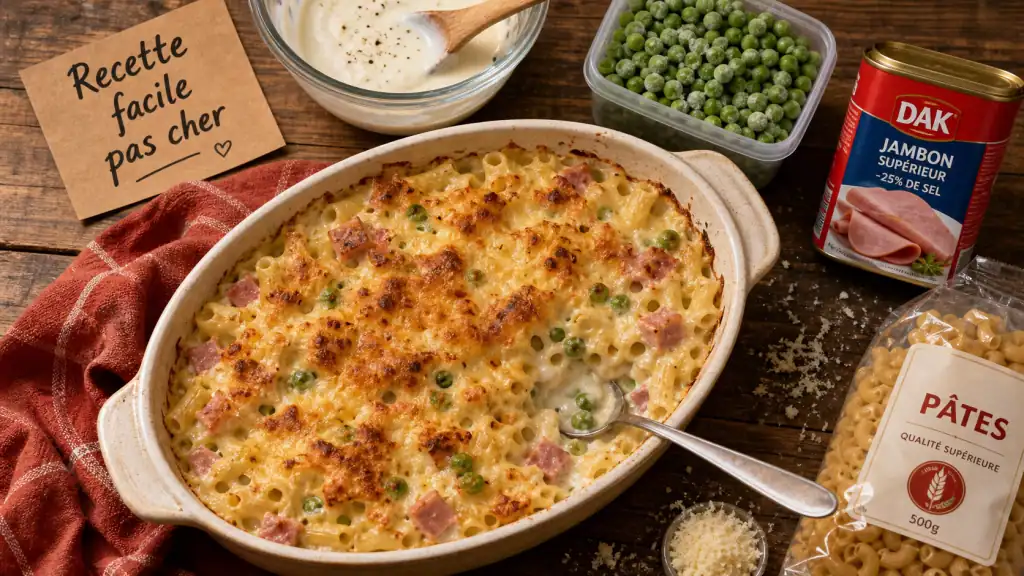Recette facile pas cher : gratin pâtes jambon petits pois, plat économique en 30 minutes