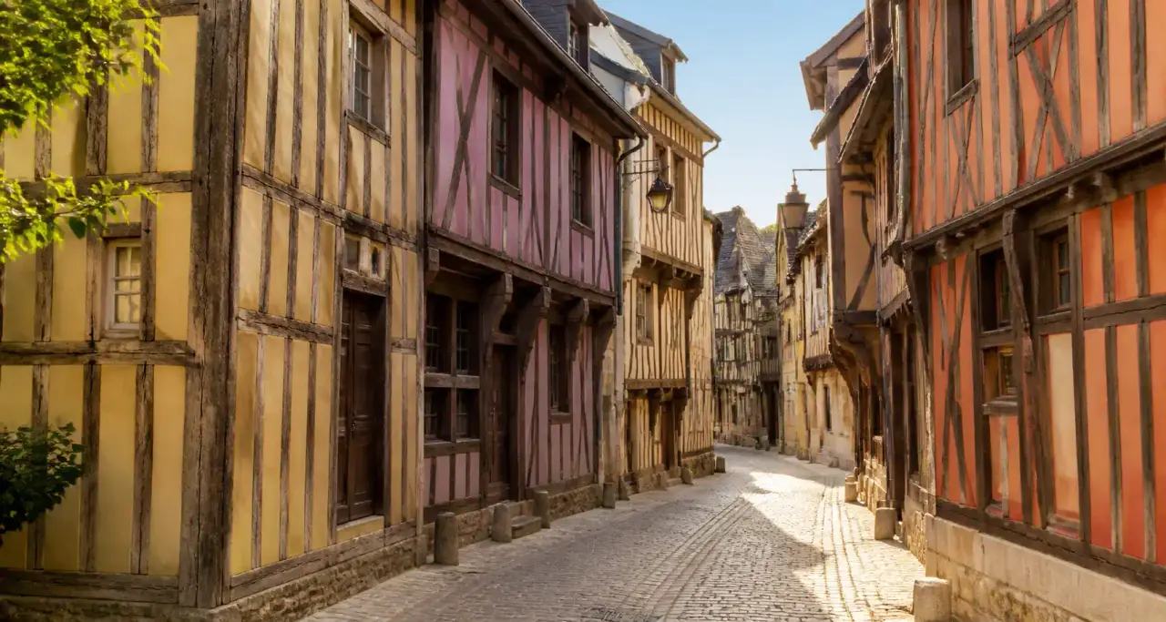 Rue à colombages colorés dans le centre historique de Troyes
