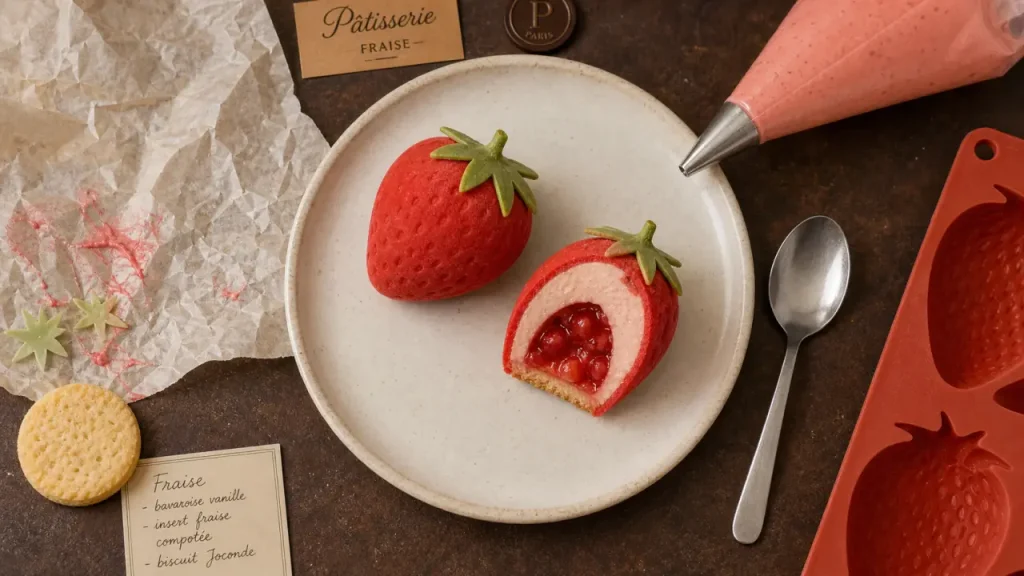 Trompe-l’œil fraise : moule silicone, velours rouge et cœur crémeux pour un effet bluffant