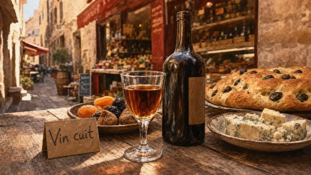 Vin cuit apéritif français, verre de vin cuit ambré, moût réduit provençal, fougasse olives