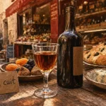 Vin cuit apéritif français, verre de vin cuit ambré, moût réduit provençal, fougasse olives