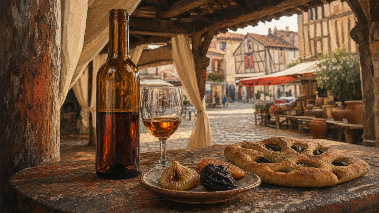 Vin cuit apéritif français : bouteille de vin cuit et fougasse aux olives, ambiance provençale.