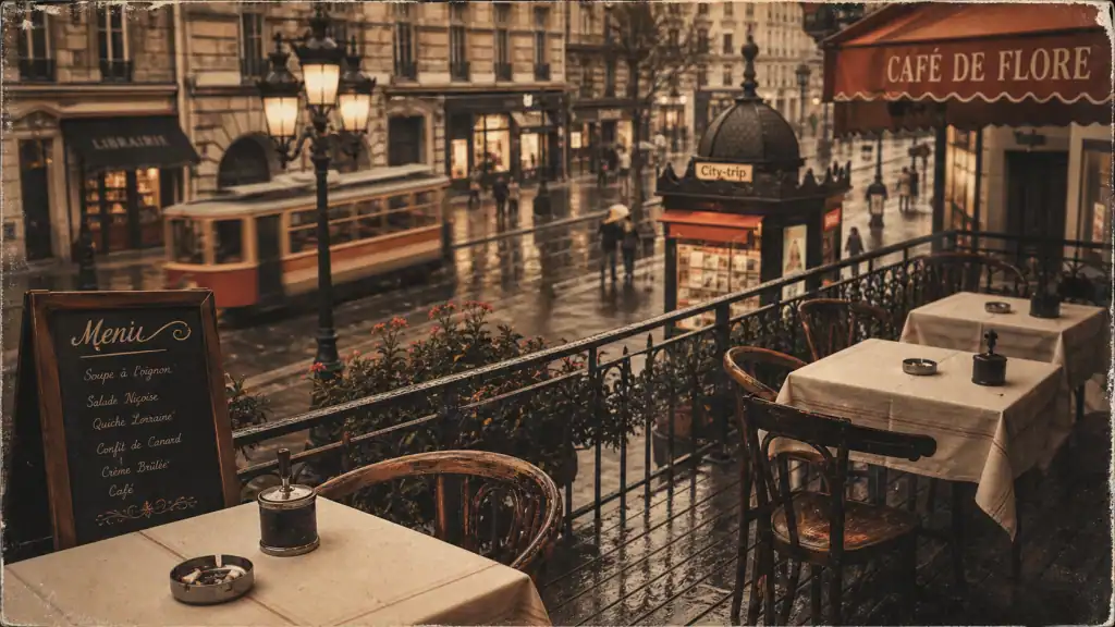 Visiter une capitale européenne : ruelle pavée vintage, terrasse et tramway